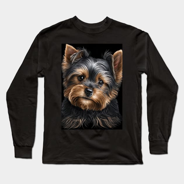 Super Cute Yorkshire Terrier Puppy Portrait Long Sleeve T-Shirt by KoolArtDistrict